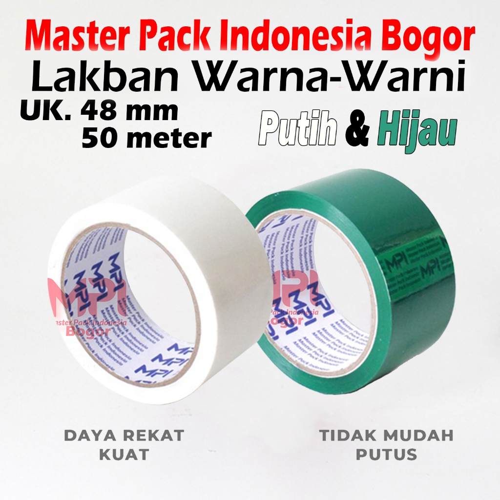 

Paket 2 Roll - Lakban Warna Putih + Lakban Warna Hijau UK 48 mm x 50 meter - Lakban Warna Warni - Master Pack Indonesia Bogor