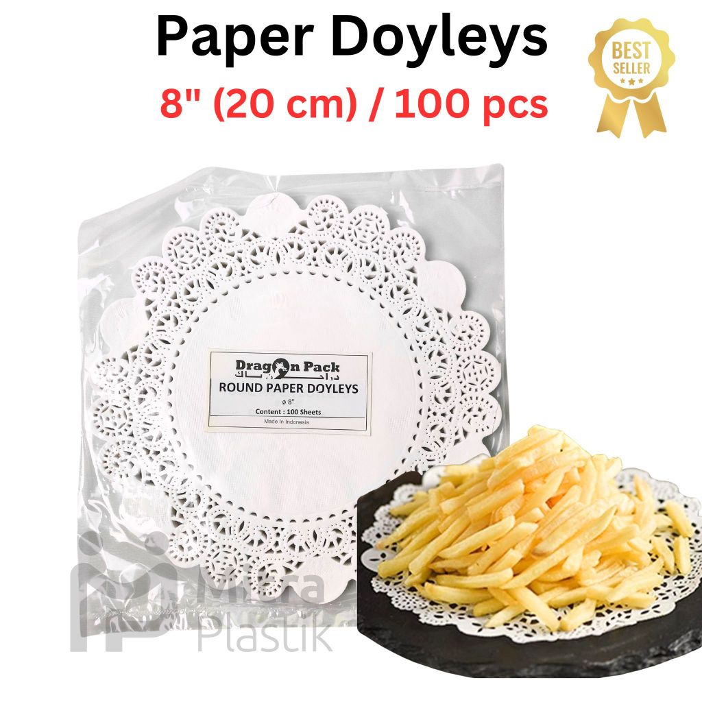 (isi 100 pcs) Paper Doyleys 8" Inch Kertas Doilies 20 cm Alas Kue Renda Round White Dragon Pack