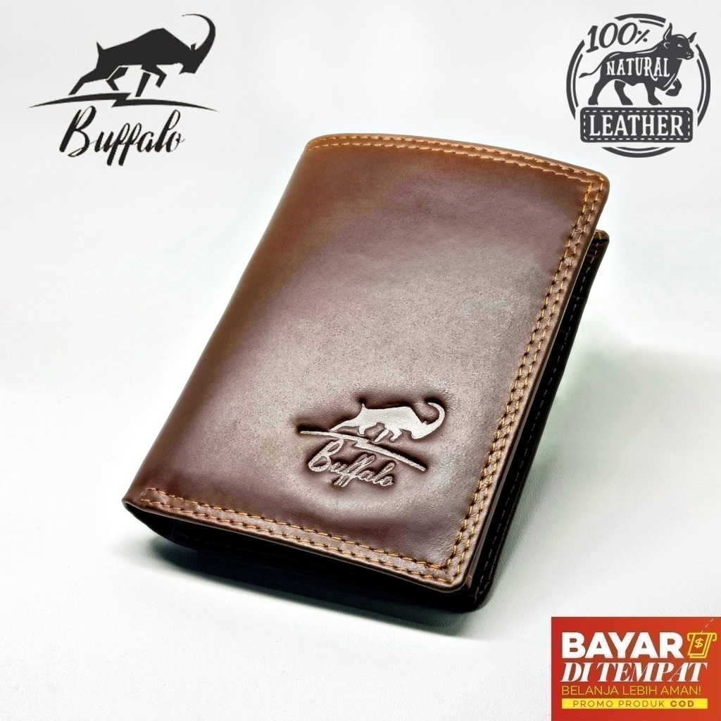 Buffalo Dompet Pria 100% Kulit Asli Slot Kartu Banyak Model Lipat Casual - Coklat Tua