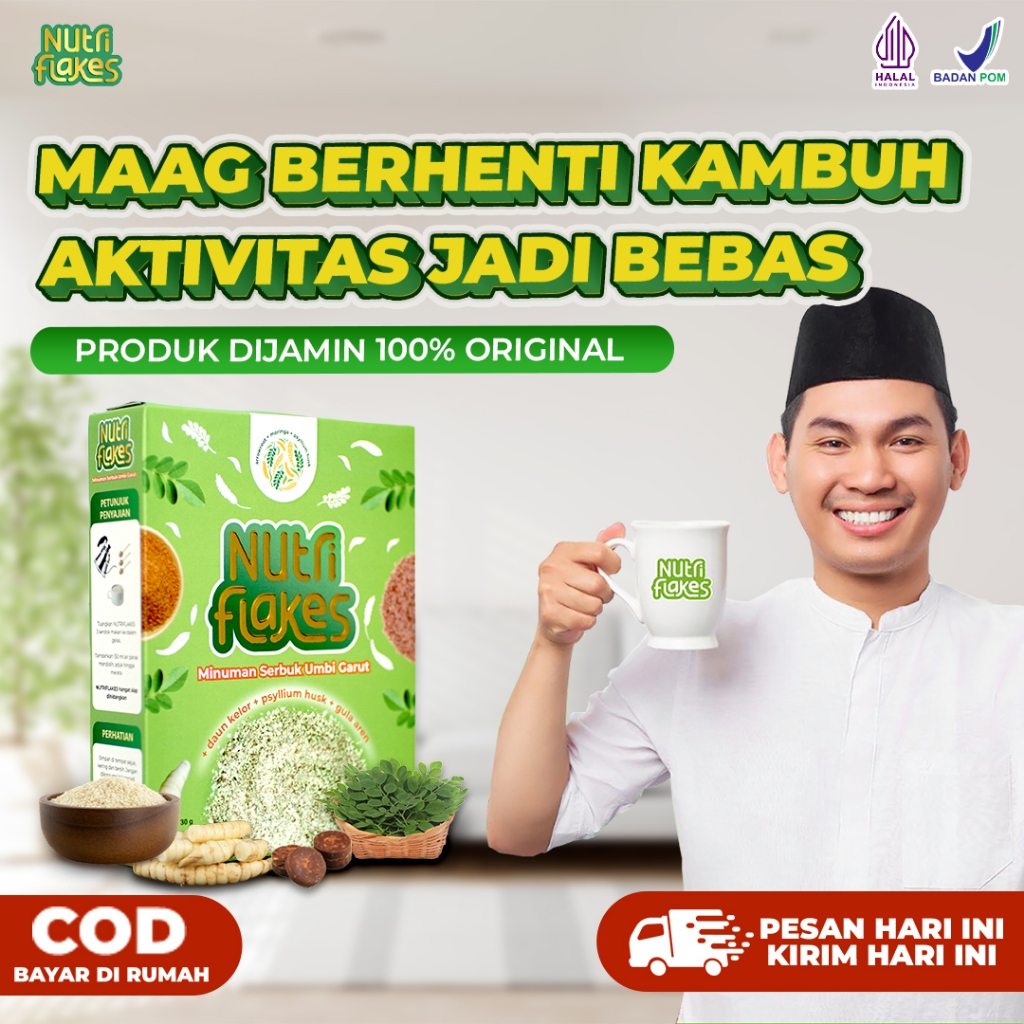 NUTRIFLAKES 280 gr BPOM Sereal Umbi Garut Susu Kambing Etawa Daun Kelor Gula Aren Obat Sakit Asam Lambung Maag Gerd Ringan Kronis Perut Perih Mual Kembung Begah Panas Nyeri Ulu Hati Dada Sesak Nafas Sakit Dan Panas Program Diet COD Nutri Flakes