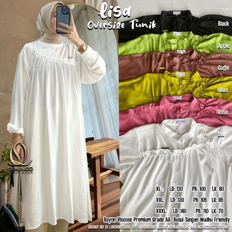 Lisa Long Tunik Oversize Jumbo Polos Putih Lime Katun Rayon Viscose Busui Kancing By Olala
