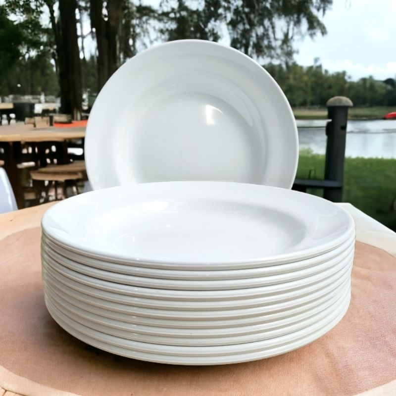 12pcs 1lusin piring makan bulat tebal melamine putih polos