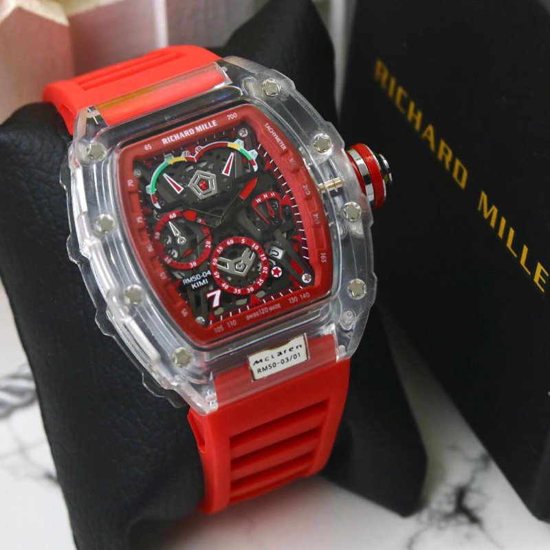 BISA COD ,,JAM TANGAN PRIA RM CHRONO SPORT TALI RUBBER BODY TRANSPARANT TAHAN AIR FREE BOX EXCLUSIBE