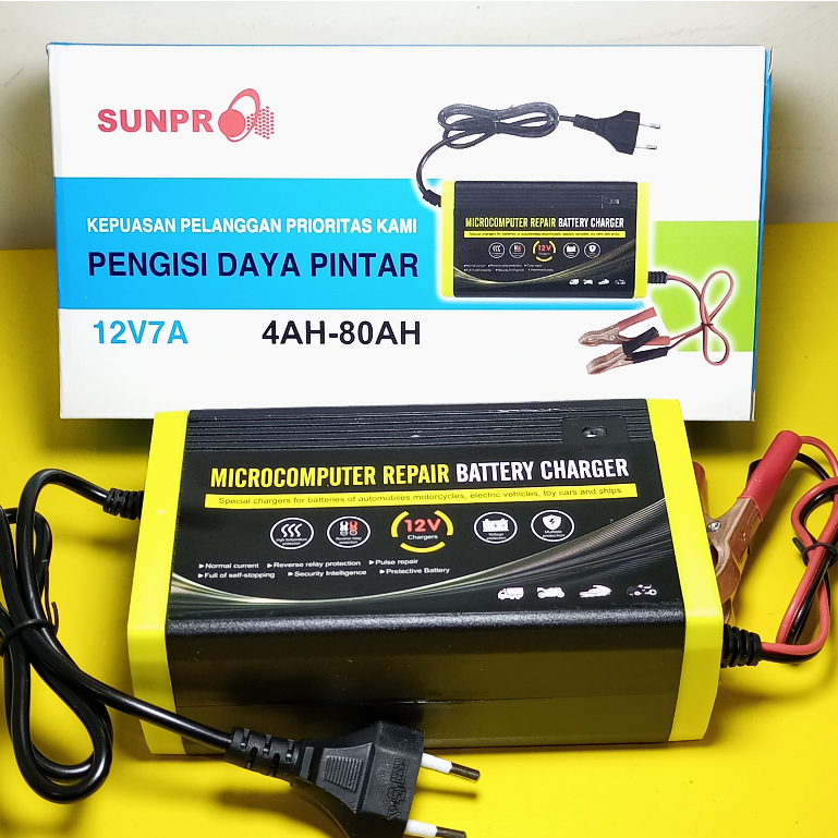 12V 7A Charger Aki Mobil Motor Truck Kapal SUNPRO Elektrik Otomatis 4-80ah 105W Cas Aki Sunpro Elekt