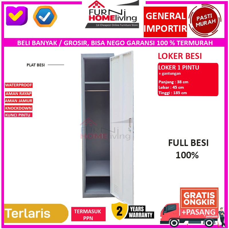 (jne cargo) Lemari Loker Besi 1 Pintu + Gantungan Baju LK001