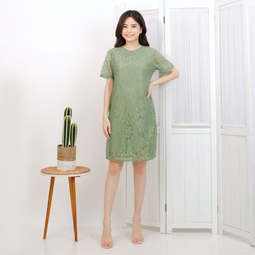 (REALPICT) Midi Dress Brukat Elsa Party Dress Brokat Pesta Kondangan Natal SAGE
