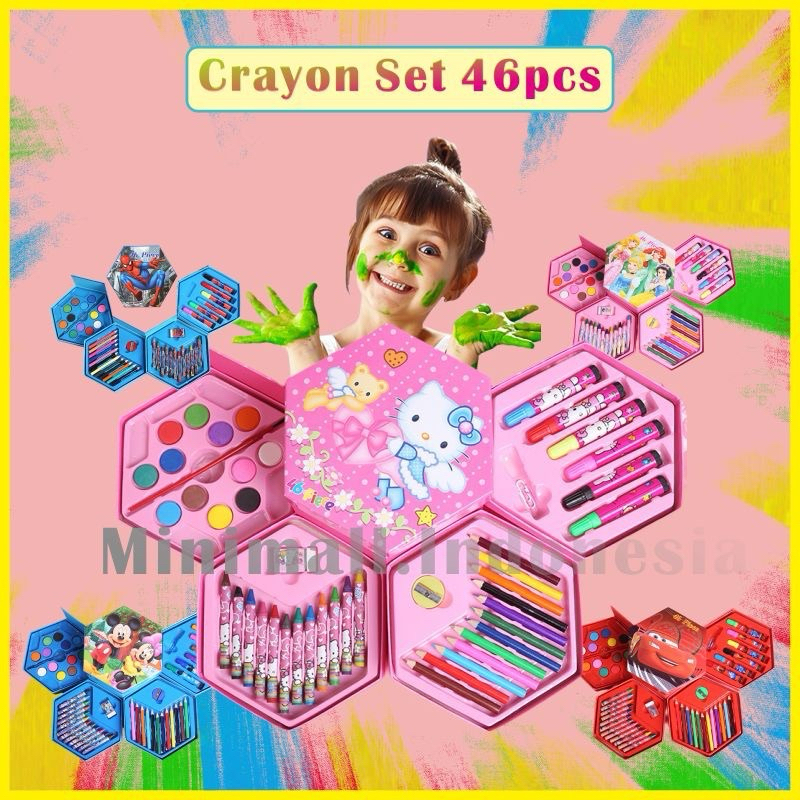 

Pensil warna / Art set 46 pcs kartun Kitty crayon set kotak melukis gambar anak-anak sekolah hadiah gift anak pink colour pencils draw