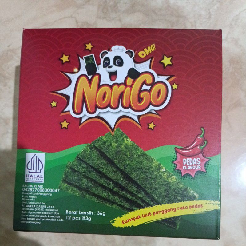 

Norigo rumput laut panggang rasa pedas 1 box isi 12 sachet@3gr boleh mix