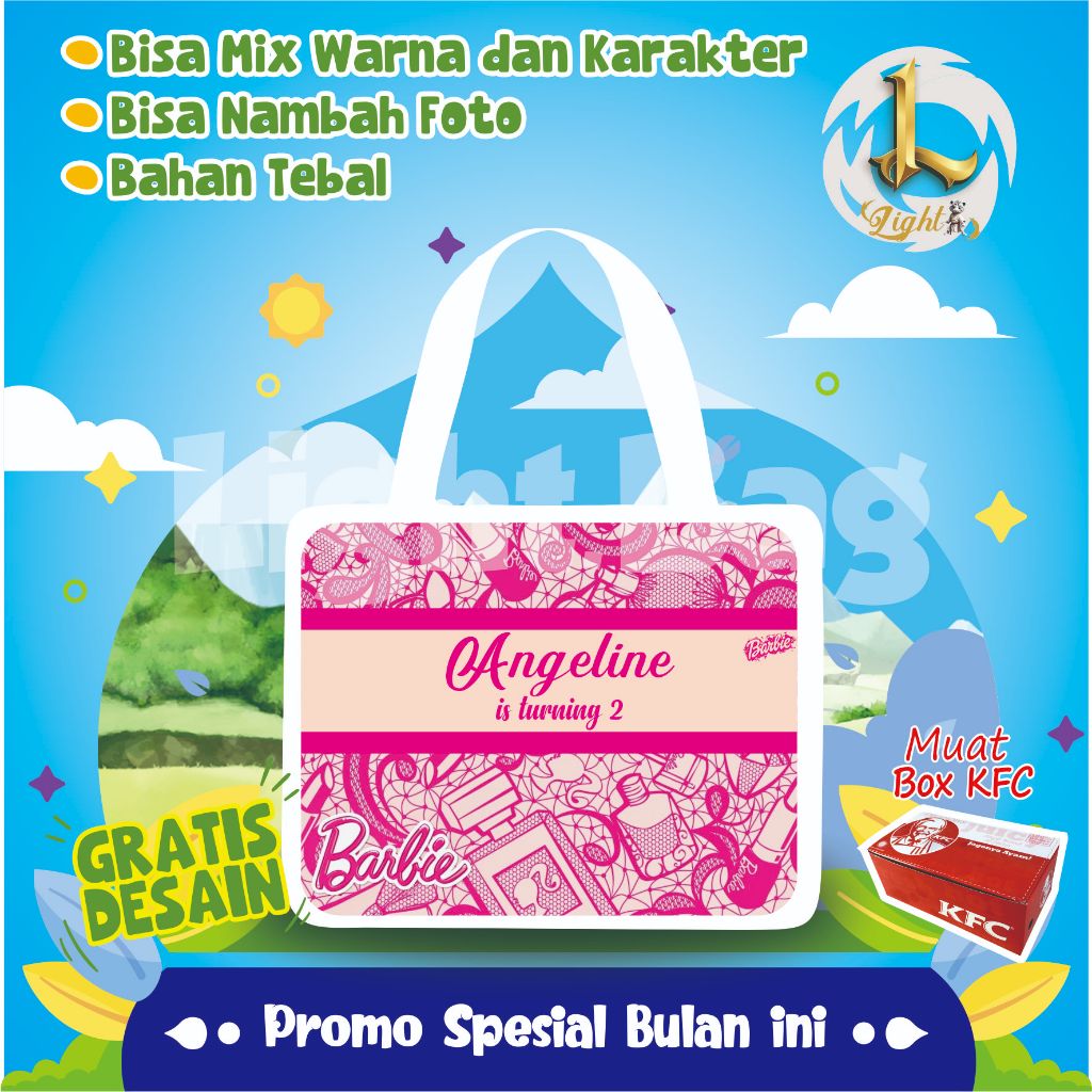 

TAS SOUVENIR ULTAH BARBIE CUSTOM / TAS SOUVENIR PREMIUM / GRATIS DESAIN / BONUS FOTO ANAK / GOODIE BAG CUTE BARBIE / TAS ULANG TAHUN BARBIE / TAS ULTAH CUSTOM / TAS SOUVENIR 2 HARI JADI / TAS ULTAH / TAS ULANG TAHUN / BISA TAMBAH FOTO ANAK