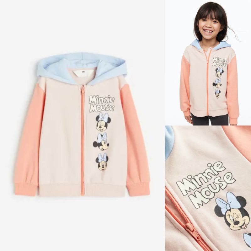 H&M SALE Printed Zip-Through Hoodie - Light Pink / Minnie Mouse