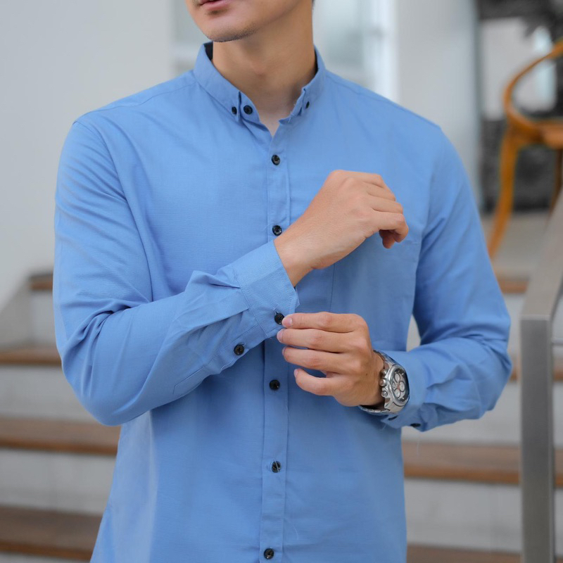 ✅Hem pria polos kemeja polos cowo biru muda termurah