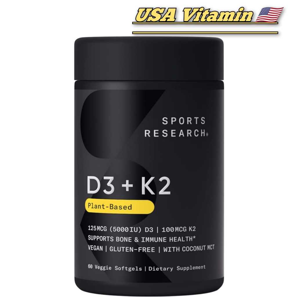 SR Sports Research D3 K2 60 Veggie Softgels Vitamin D3 5000 IU Vitamin K2 100 mcg