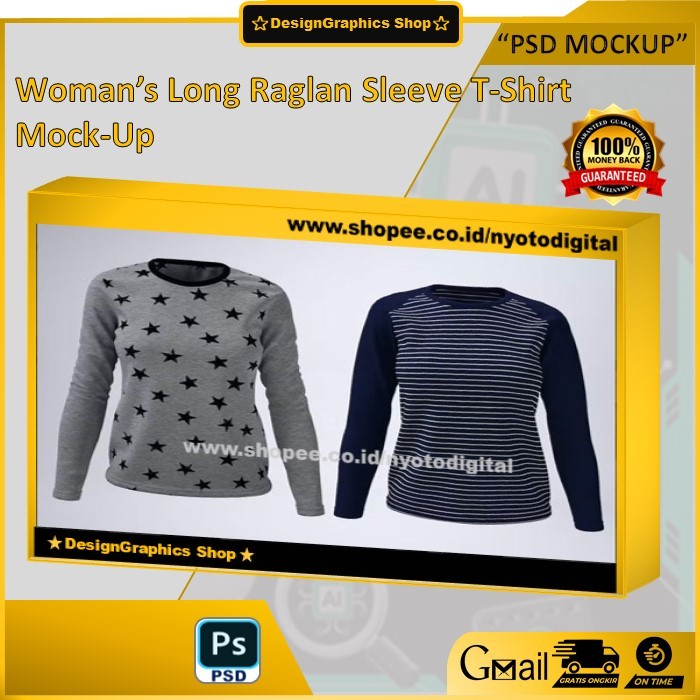Mockup Kaos Panjang Wanita Format Photoshop PSD Woman’s Long Raglan Sleeve T-Shirt Mock-Up