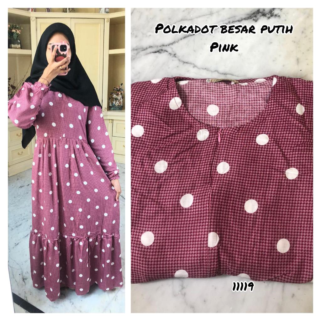 GAMIS RAYON MOTIF POLKADOT BESAR PUTIH (PINK)