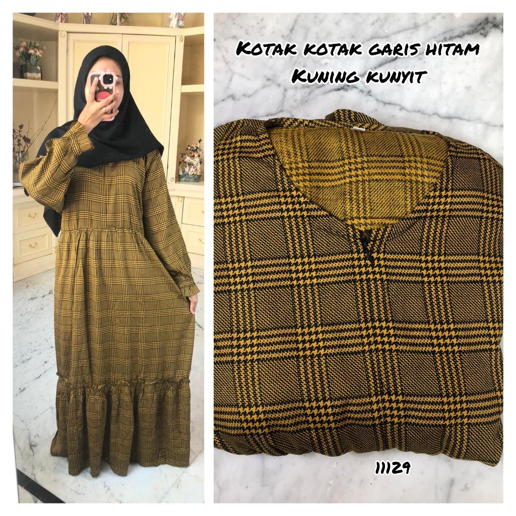 GAMIS RAYON MOTIF KOTAK KOTAK GARIS HITAM (KUNING KUNYIT)