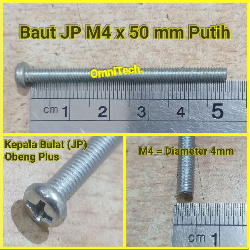 Baut JP Kepala Bulat Obeng Plus M4 x 50 mm Putih Panjang 5cm 5 cm M4x50