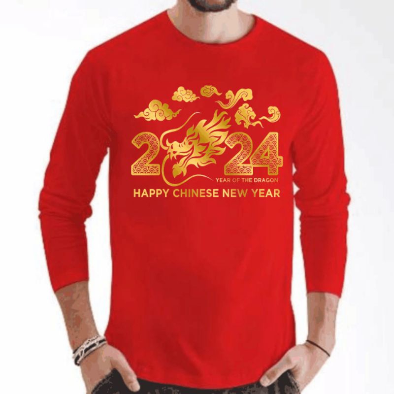 kaos imlek kaos unisex tahun naga 2024 lengan panjang naga emas