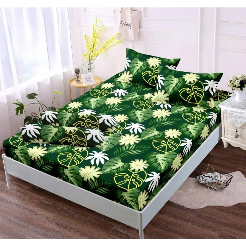 SPREI MOTIF DAUN MONSTERA HIJAU BAHAN ANTI LUNTUR