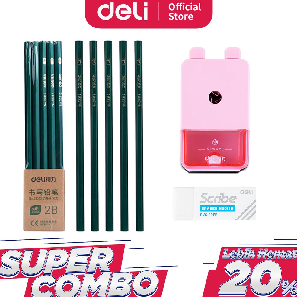 

Terlaris!! Deli Combo Set 2 - 10pcs Pensil 2B + 3pcs Penghapus + Rautan Putar 42