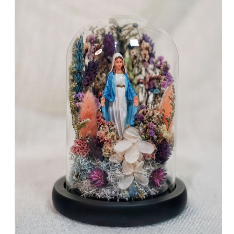 PREMIUM Flower Glass Dome Spesial Hadiah Natal Patung Rohani Yesus & Bunda Maria 10x16 cm