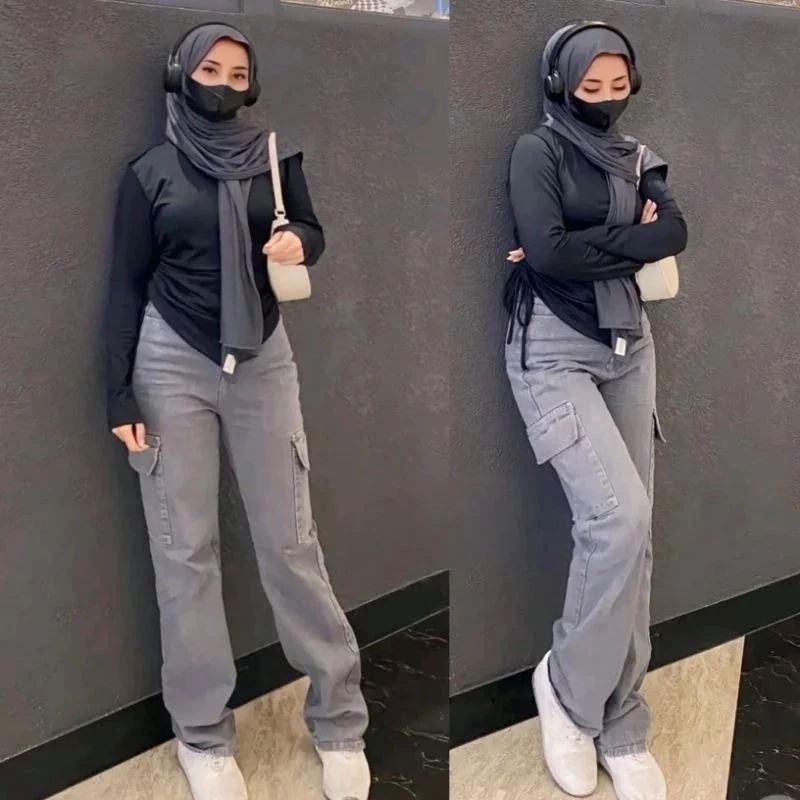 CELANA CARGO JEANS HIGHWAIST WANITA / CELANA JEANS PANJANG CARGO WANITA KEKINIAN