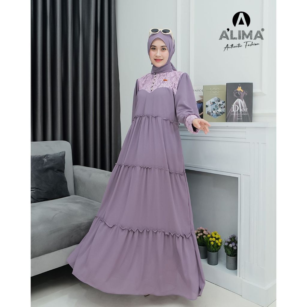 Aliya Dress Ceruty Mix Brokat Plus Hijab Pasmina Gamis Wanita Muslim Syar'i Kondangan