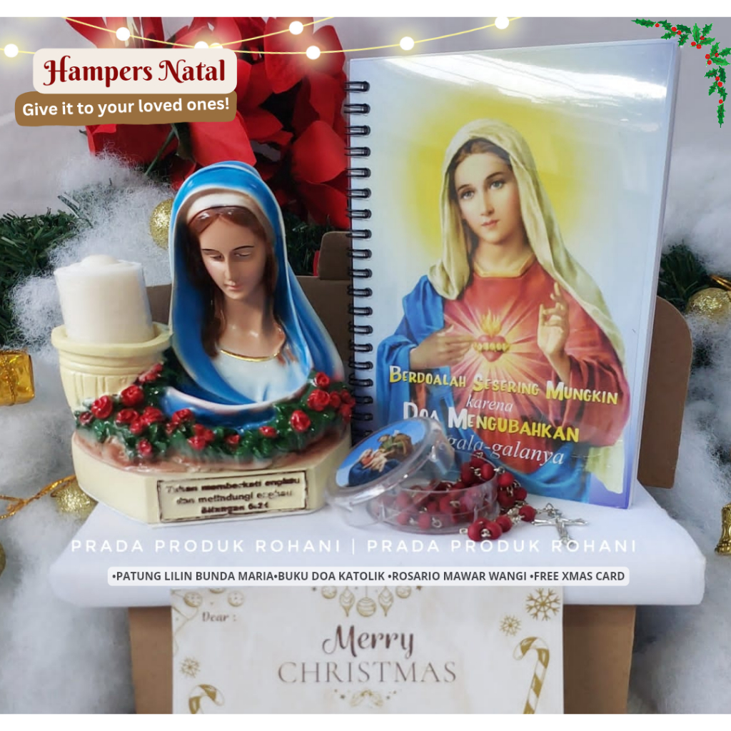 Hadiah Natal Patung Bunda Maria /Tempat lilin Bunda Maria / Buku Doa Katolik / Rosario