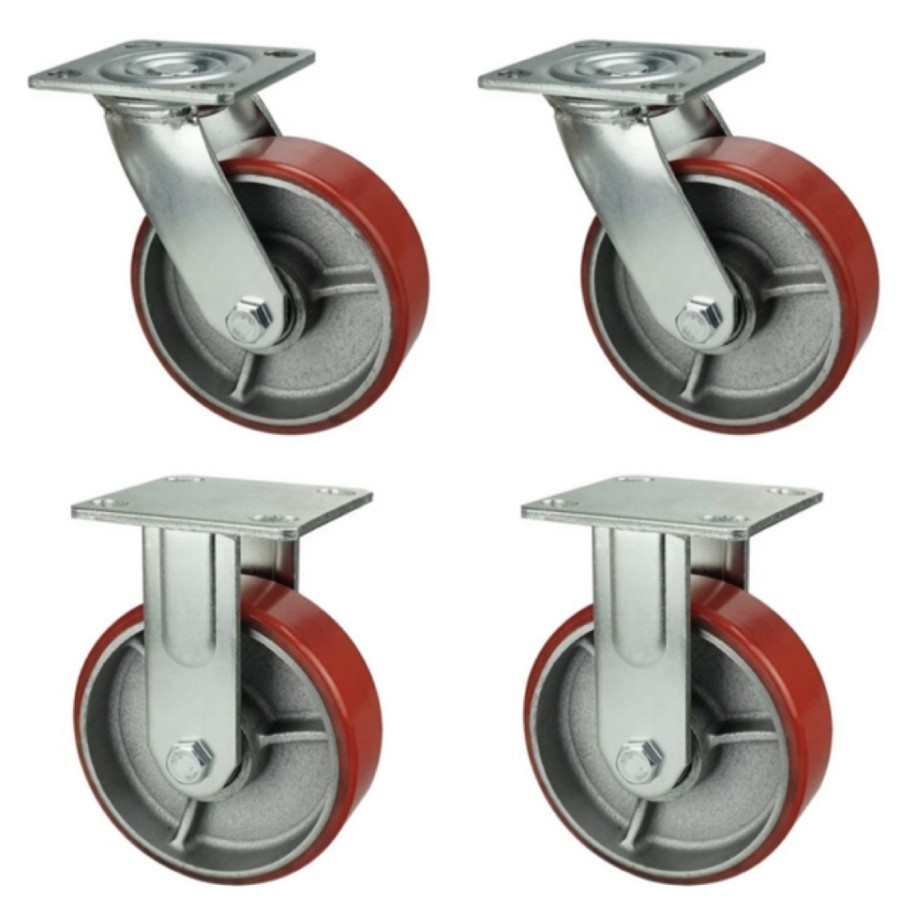 Roda troli PU heavy duty 6 inch / roda PU heavy duty merah 6" SET (hidup+mati)