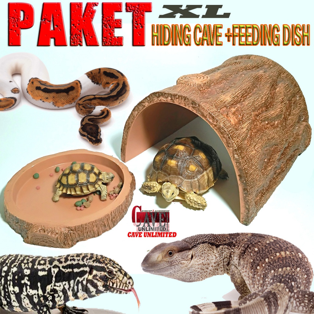 PAKET HIDING CAVE XL JUMBO GOA SEMBUNYI+FEEDING DISH TEMPAT MAKAN TORTOISE SULCATA PARDALIS KURA KUR