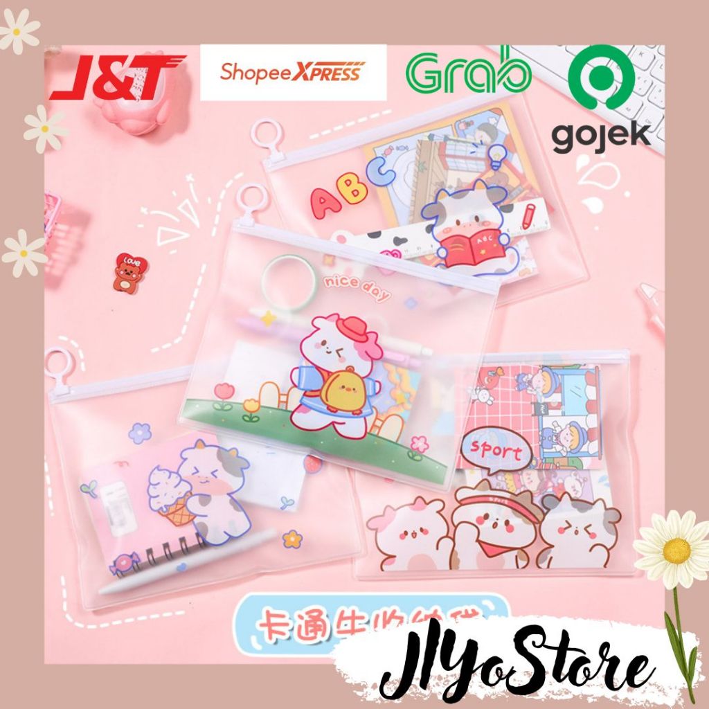 Tempat Pouch Wadah Kotak Pensil Bolpen Transparan Bening Alat Tulis Perlengkapan Sekolah Kantor ATK Aksesoris Stationery Simple Praktis Motif Animal Bear Rabbit Kaktus Warna Transparan Aesthetic Diskon Gratis Ongkir TPR