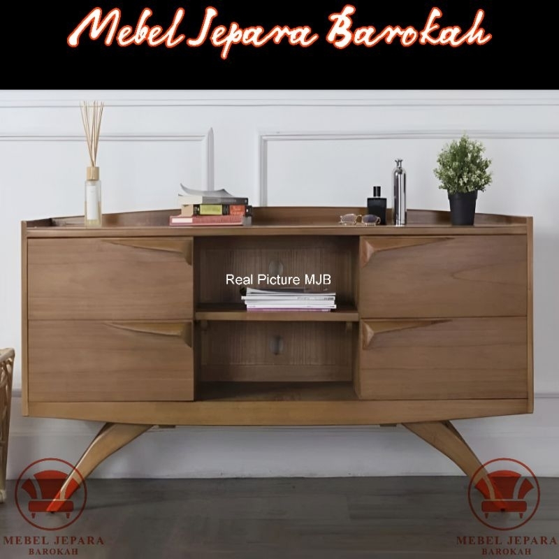 Bufet Meja TV Retro Kayu Jati Minimalis Rak TV Klasik 4 Laci Serbaguna