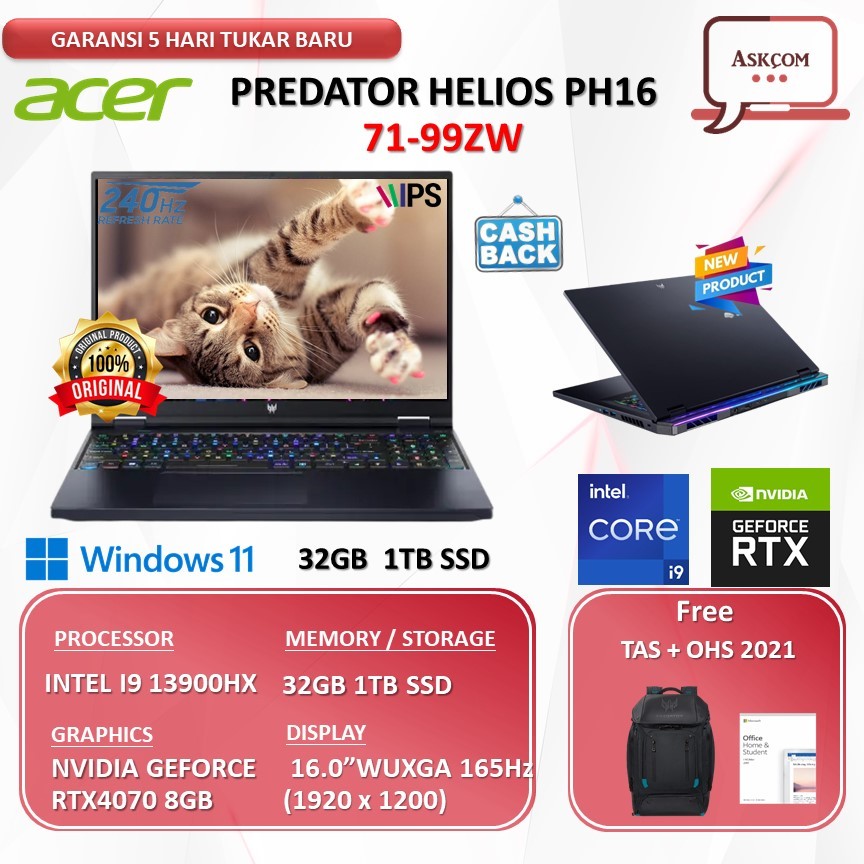Laptop Acer Predator Helios PH16 I9 13900HX RTX4070 8GB | 32GB 1TB W11 OHS21 16.0 WQXGA 240HZ 100DCIP3 PKRGB TGP140 71-99ZW