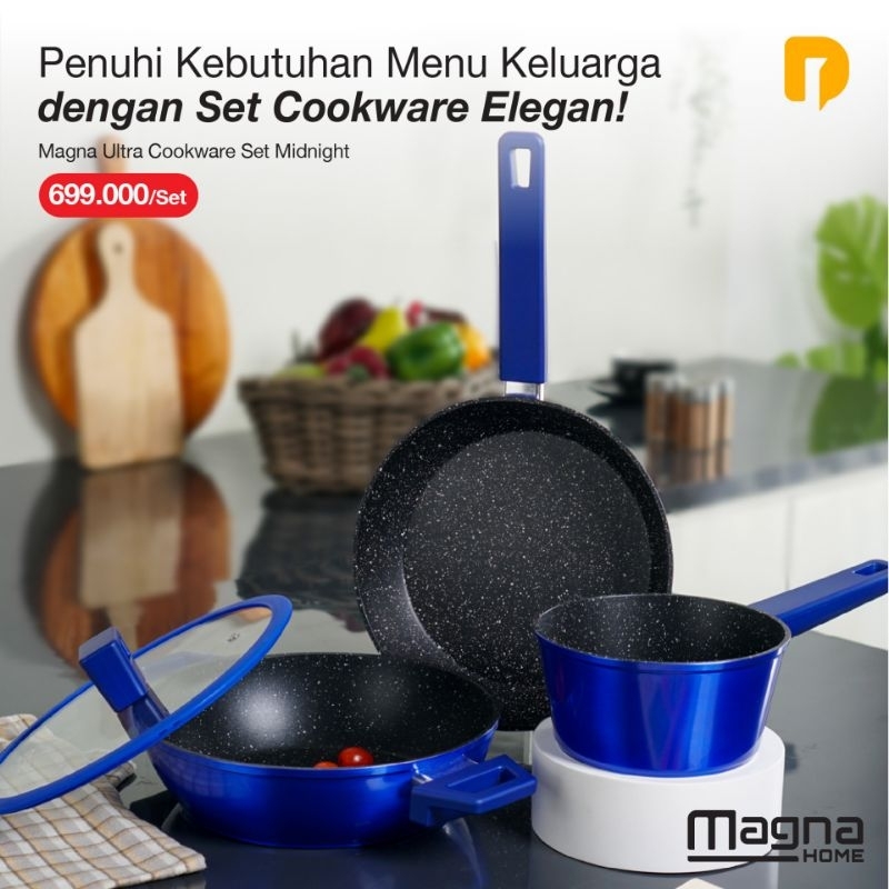 Magna Ultra Cookware Set Midnight, set cookware anti lengket & elegan (fry pan, wok pan & sauce pan)