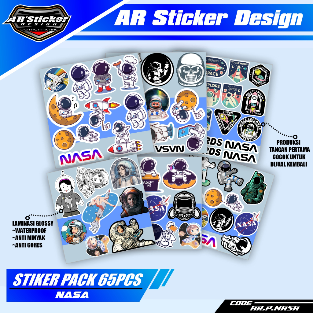 

65 Pcs Stiker Pack Logo Nasa - Sticker Aestehtic Desain ST211 Lucu Untuk Laptop Koper Case Hp Buku Astronot