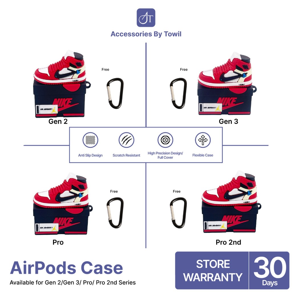 Airpods Case Nike Air Jordan High 1 X Off-White Chicago Gen 1 2 3 PRO - Merah, Airpods Gen 3