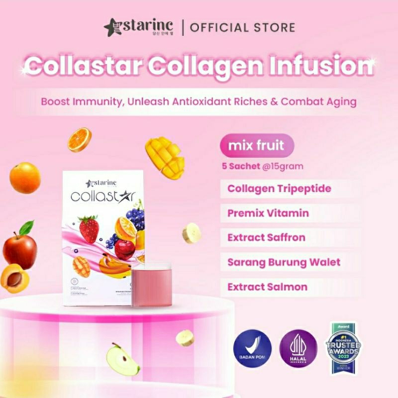 Collagen Drink With Extract Salmon, Saffron, dan Sarang Burung Walet Collastar Mixed-Fruit 5 Sachets