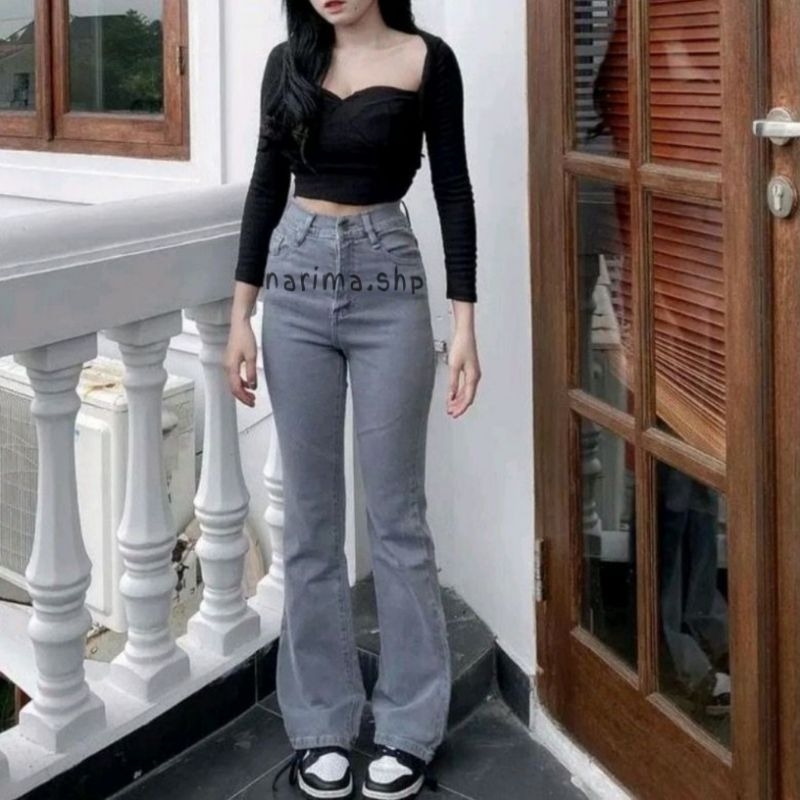 celana cutbray jeans highwaist wanita grey - celana jeans perempuan kekinian abu-abu