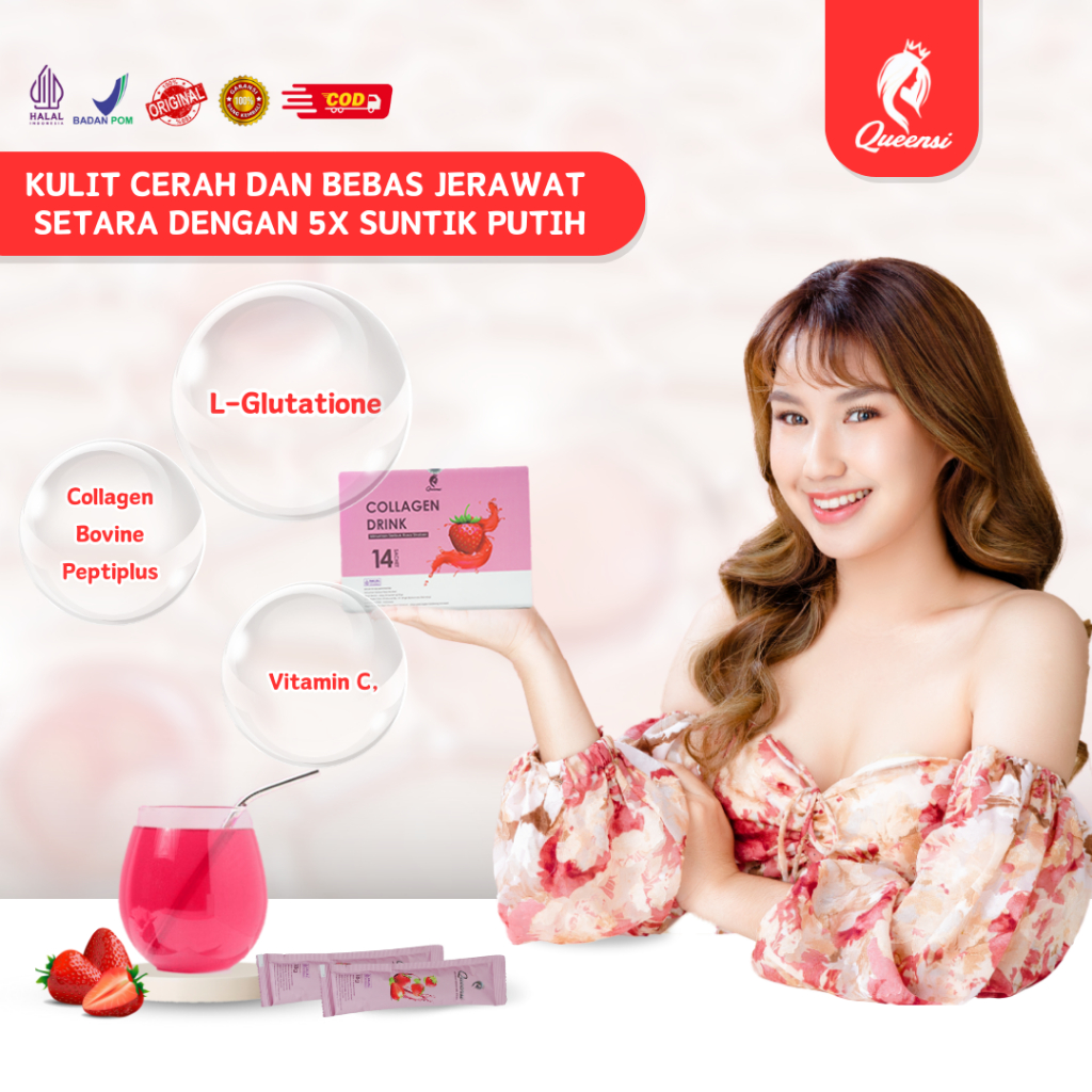 Queensi Minuman Kolagen Rasa Strawberry Mengatasi Permasalah Kulit Flek Hitam Mencerahkan Wajah