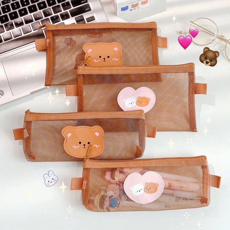 

Tempat Pensil Motif Beruang Lucu Tempat MakeUp Cute Model Jaring Transparan