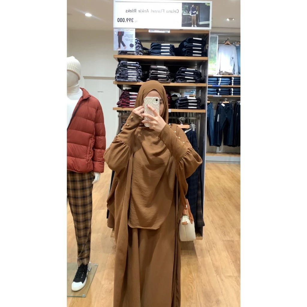 Baju Set Syari Abaya Kaftan Batwing Pashmina Oval Gamis Aisha Wanita Muslim Perempuan Remaja Crinkle