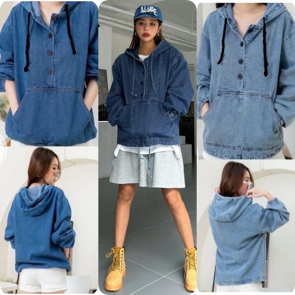 Dora Hoodie Jeans Kancing Kantong Depan || Oversize Outer OOTD Kekinian Remaja Dewasa Terbaru