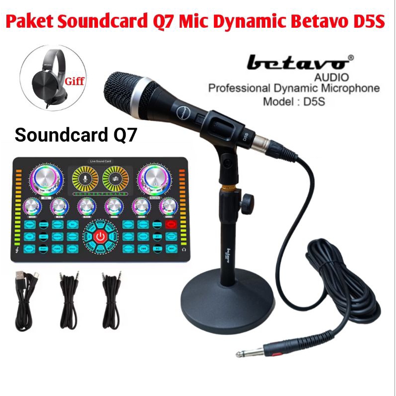 Paket Live Streaming Soundcard Q7 Mic Dynamic Betavo D5S Stand Meja Besi Betavo ST202 Recording Terb