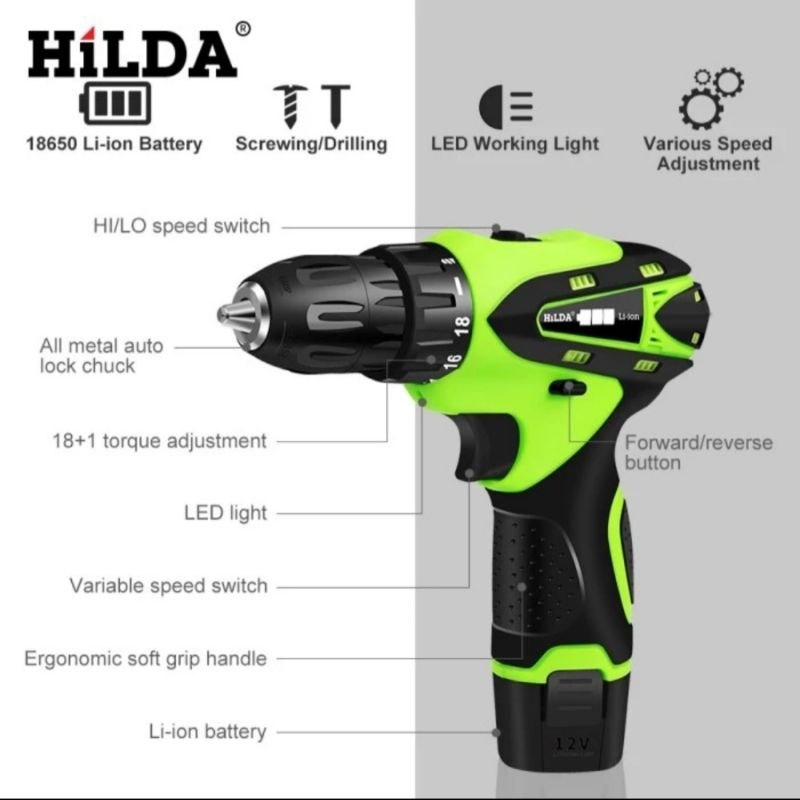 Cordless drill HILDA mesin bor baterai 10mm 12v