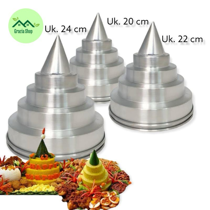 Cetakan Nasi Tumpeng Tangga Susun Loyang Aluminium Anti Karat 20 cm, 22 cm, 24 cm