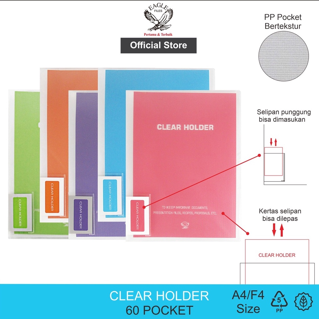 

MALL EAGLE Dokumen Keeper Transparan Neon A4/F4 60 Pocket / Clear Holder / Display Book / Document Keeper E 329 grosir