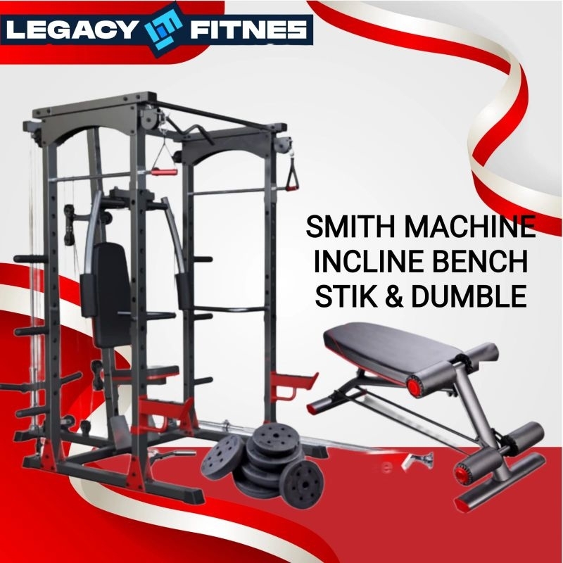 Smith machine mesin bench + 80 dumble powerack home gym