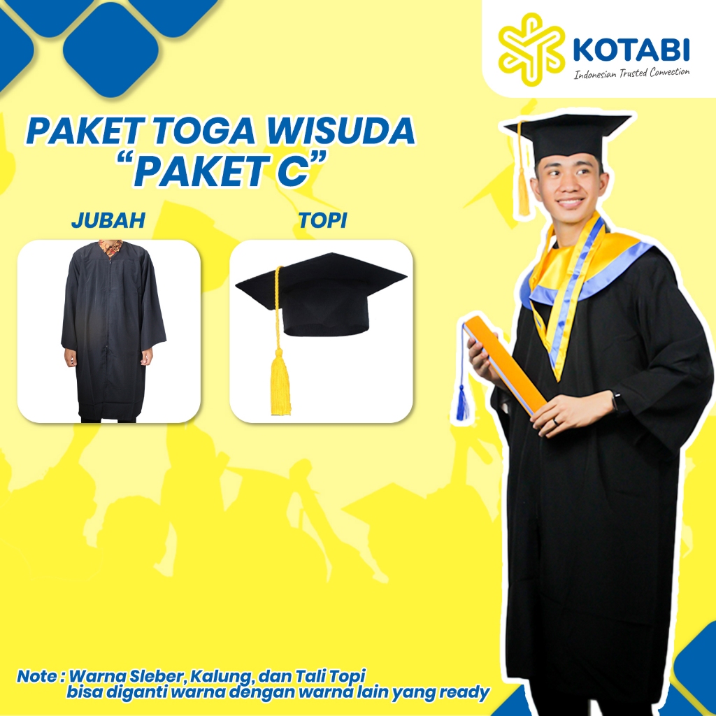 Paket Toga Wisuda Dewasa Satuan Paket Perlengkapan Wisuda Kuning Lis Biru, Jubah, Topi