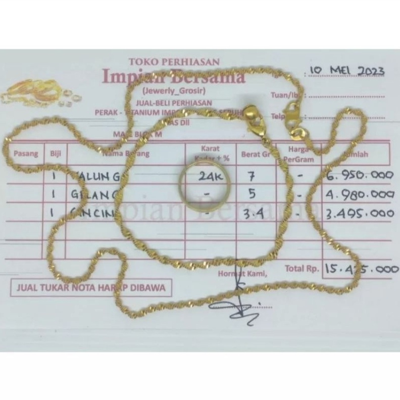 ✨ Perhiasan Set Lintir Kalung 7gram,Gelang 5gram,Free cincin gold 3.4gram (Nota/Surat Tertera) grosi