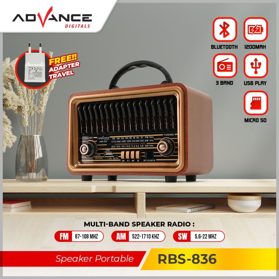 Speaker Advance RBS-836 Model Radio Tua Bluetooth Clasic Dengan Led