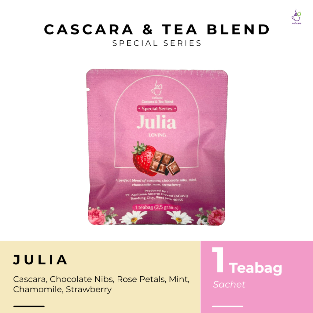 

Netisane Julia (Chamomile, Chocolate Nibs, Daun Mint, Strawberry, Rose Petals) | Netisane Cascara Blend Special Series | Artisan Tea / Teh Herbal (Sachet)